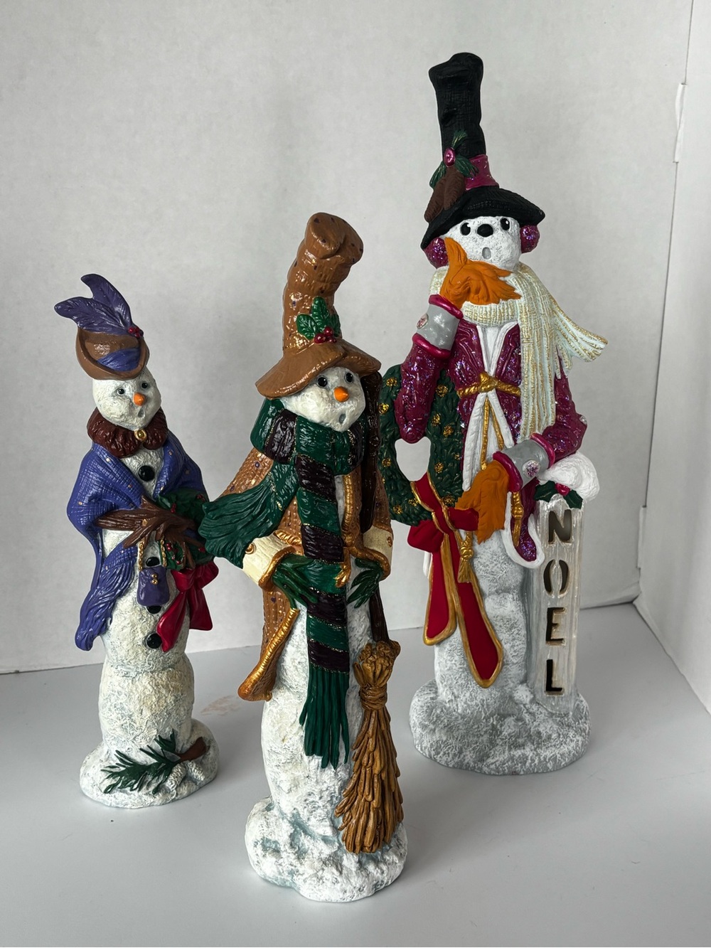 Three Tall Vintage Ceramic Pencil-Style Snowmen Decor Figurines